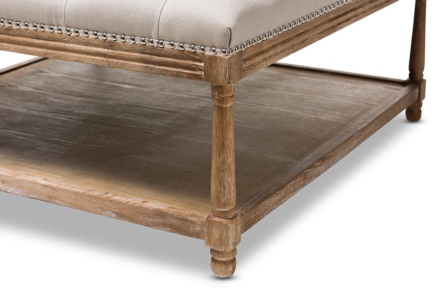 Baxton Studio Carlotta French Country Weathered Oak Beige Linen Square Coffee Table Ottoman