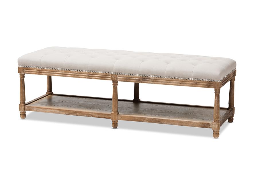 Baxton Studio Celeste French Country Weathered Oak Beige Linen Upholstered Ottoman Bench