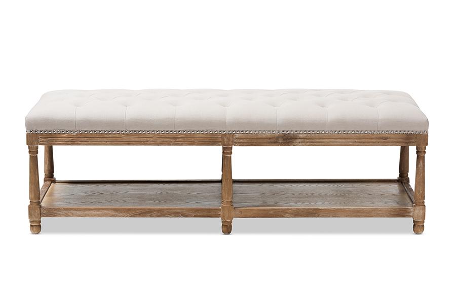 Baxton Studio Celeste French Country Weathered Oak Beige Linen Upholstered Ottoman Bench