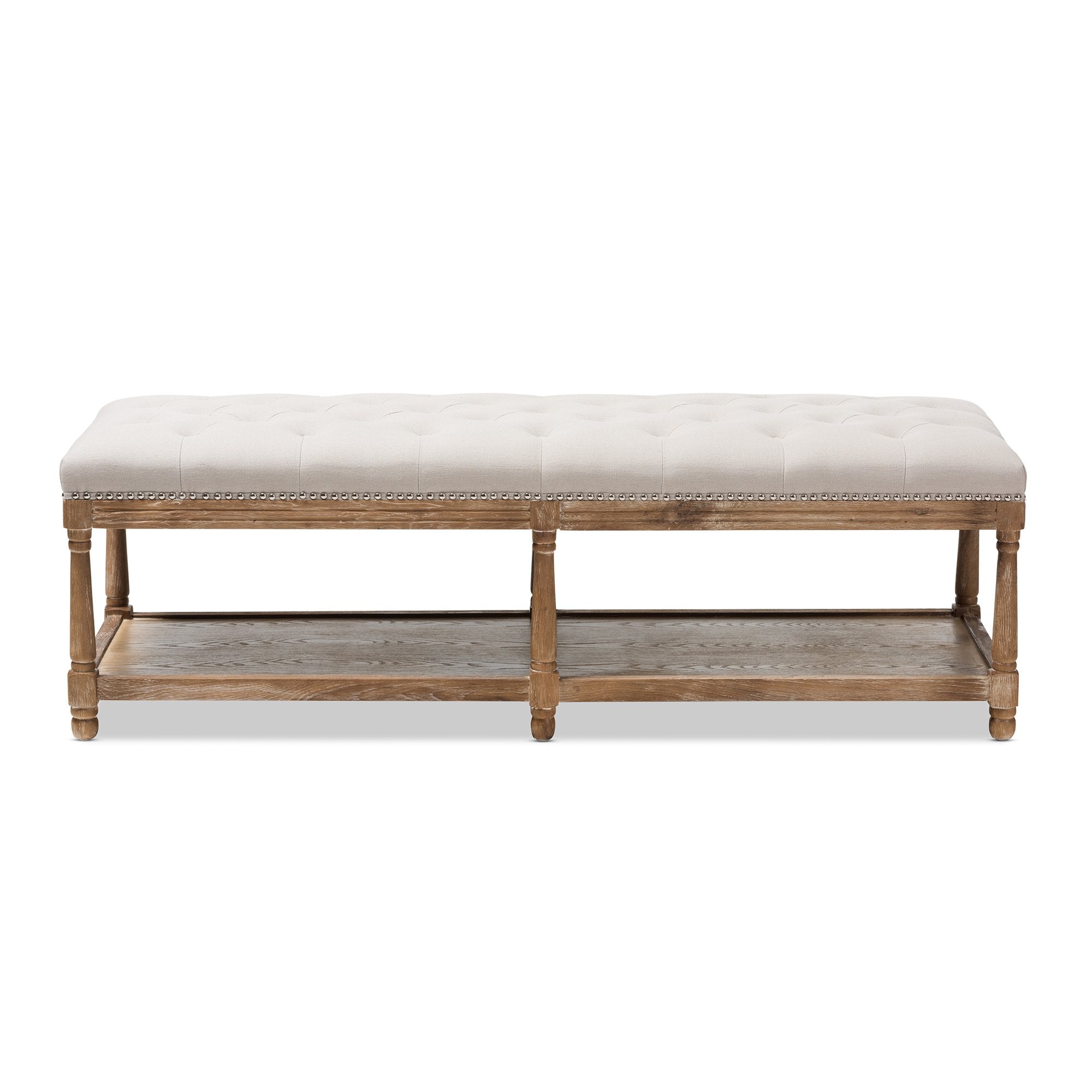 Baxton Studio Celeste French Country Weathered Oak Beige Linen Upholstered Ottoman Bench