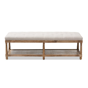 Baxton Studio Celeste French Country Weathered Oak Beige Linen Upholstered Ottoman Bench