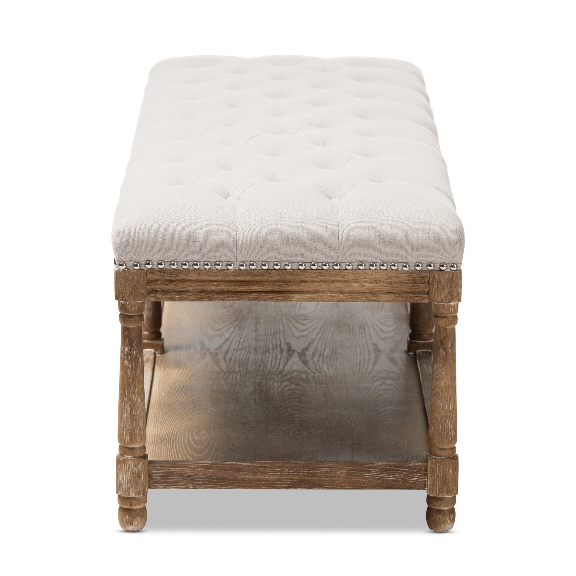 Baxton Studio Celeste French Country Weathered Oak Beige Linen Upholstered Ottoman Bench