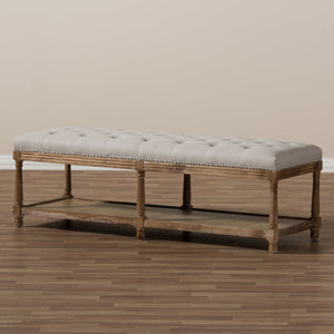 Baxton Studio Celeste French Country Weathered Oak Beige Linen Upholstered Ottoman Bench