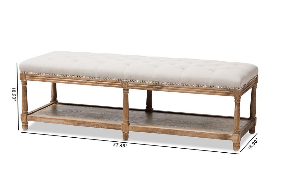 Baxton Studio Celeste French Country Weathered Oak Beige Linen Upholstered Ottoman Bench