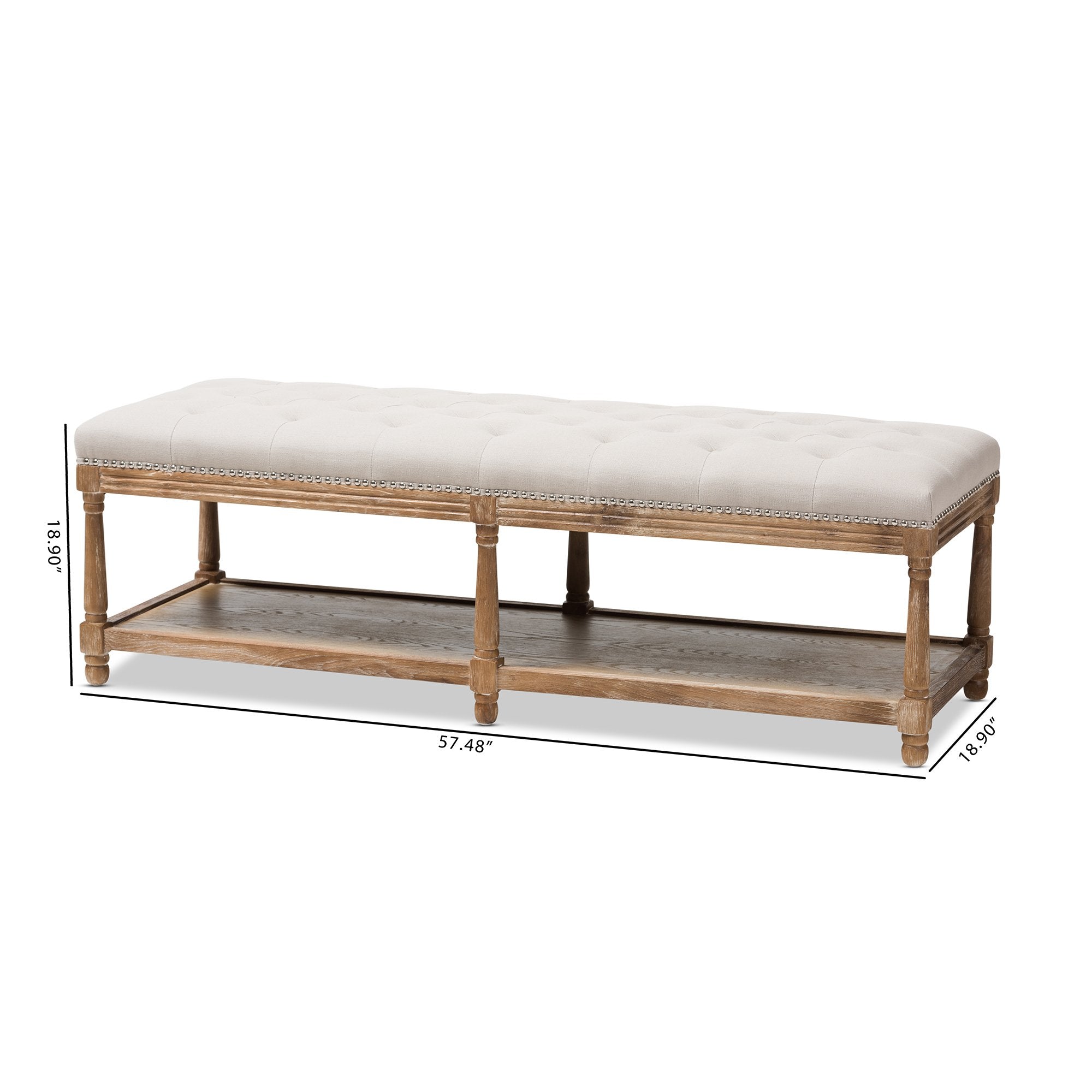 Baxton Studio Celeste French Country Weathered Oak Beige Linen Upholstered Ottoman Bench