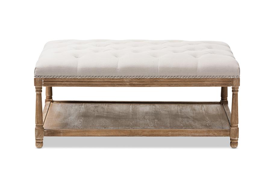 Baxton Studio Carlotta French Country Weathered Oak Beige Linen Rectangular Coffee Table Ottoman