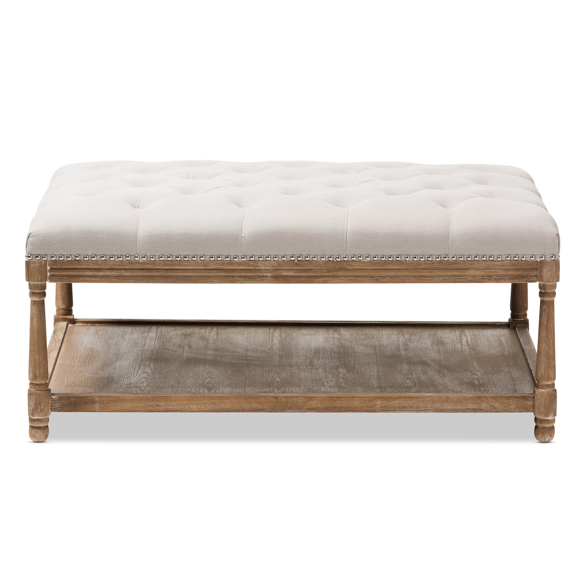 Baxton Studio Carlotta French Country Weathered Oak Beige Linen Rectangular Coffee Table Ottoman