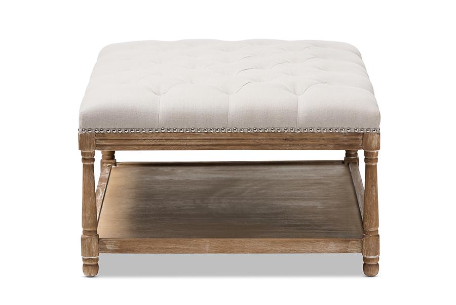 Baxton Studio Carlotta French Country Weathered Oak Beige Linen Rectangular Coffee Table Ottoman