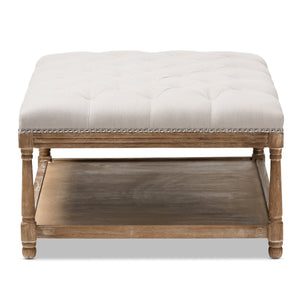 Baxton Studio Carlotta French Country Weathered Oak Beige Linen Rectangular Coffee Table Ottoman