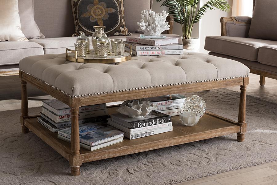 Baxton Studio Carlotta French Country Weathered Oak Beige Linen Rectangular Coffee Table Ottoman