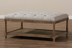 Baxton Studio Carlotta French Country Weathered Oak Beige Linen Rectangular Coffee Table Ottoman