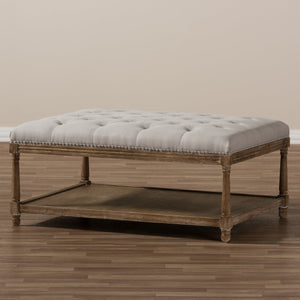 Baxton Studio Carlotta French Country Weathered Oak Beige Linen Rectangular Coffee Table Ottoman