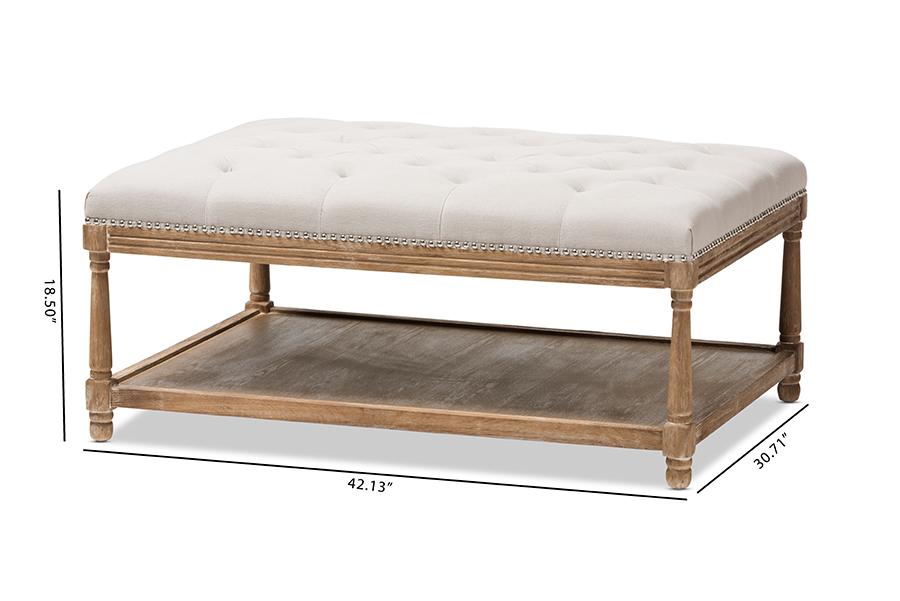 Baxton Studio Carlotta French Country Weathered Oak Beige Linen Rectangular Coffee Table Ottoman