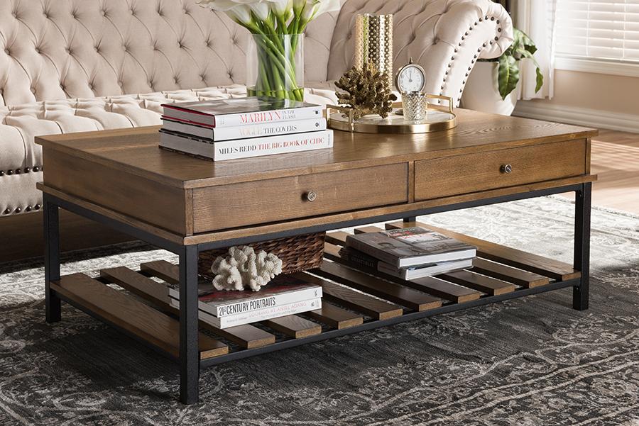 Baxton Studio Newcastle Rustic Industrial Style Oak Brown Finished Wood and Black Finished Metal Coffee Table