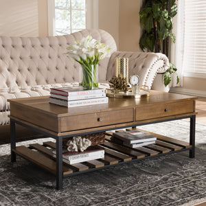 Baxton Studio Newcastle Rustic Industrial Style Oak Brown Finished Wood and Black Finished Metal Coffee Table