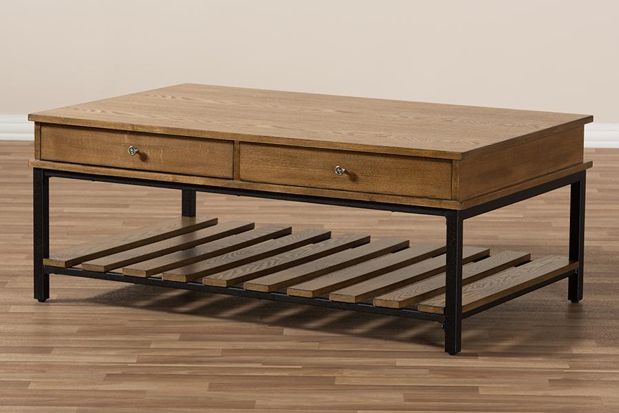 Baxton Studio Newcastle Rustic Industrial Style Oak Brown Finished Wood and Black Finished Metal Coffee Table