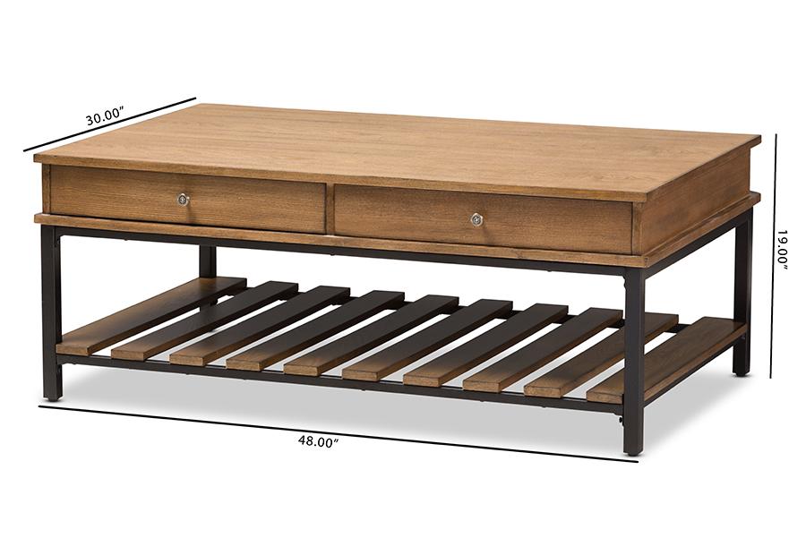 Baxton Studio Newcastle Rustic Industrial Style Oak Brown Finished Wood and Black Finished Metal Coffee Table