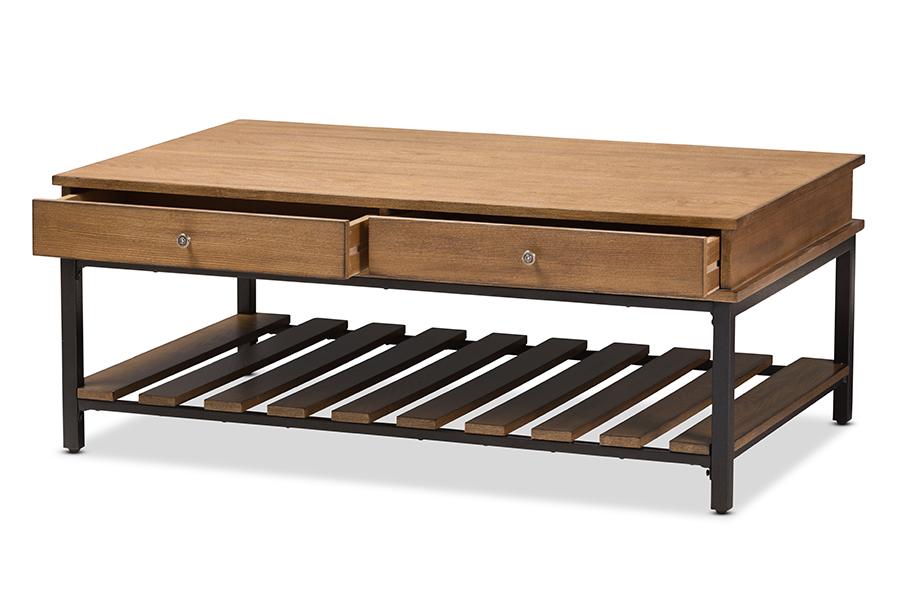 Baxton Studio Newcastle Rustic Industrial Style Oak Brown Finished Wood and Black Finished Metal Coffee Table