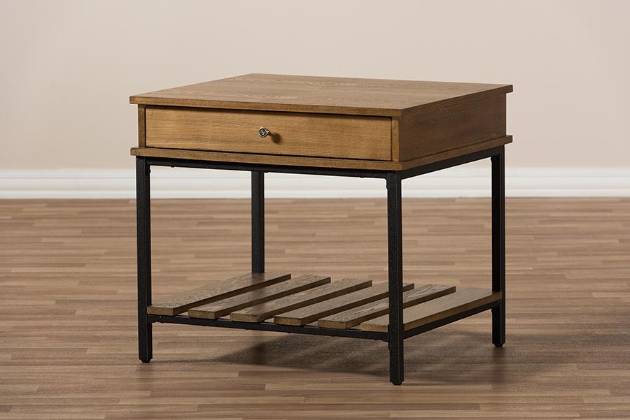 Baxton Studio Newcastle Rustic Industrial Style Oak Brown Finished Wood and Black Finished Metal End Table