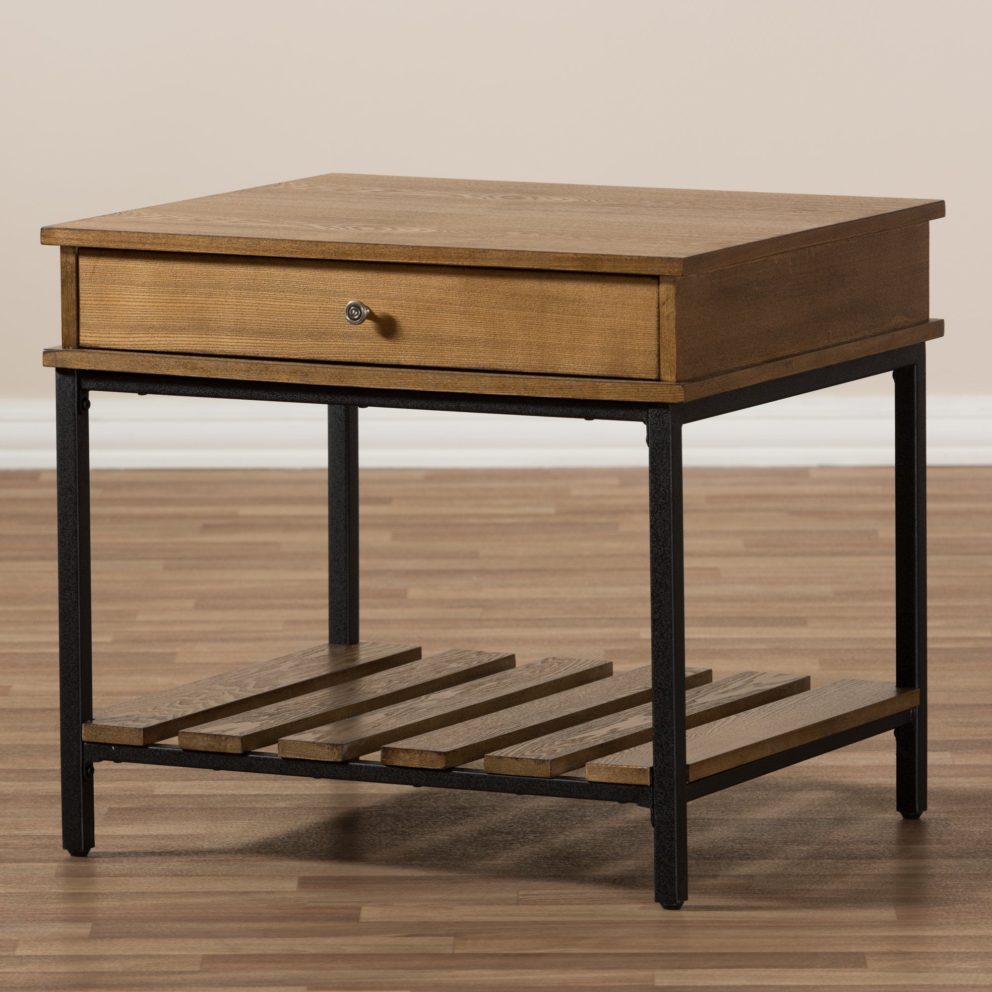 Baxton Studio Newcastle Rustic Industrial Style Oak Brown Finished Wood and Black Finished Metal End Table