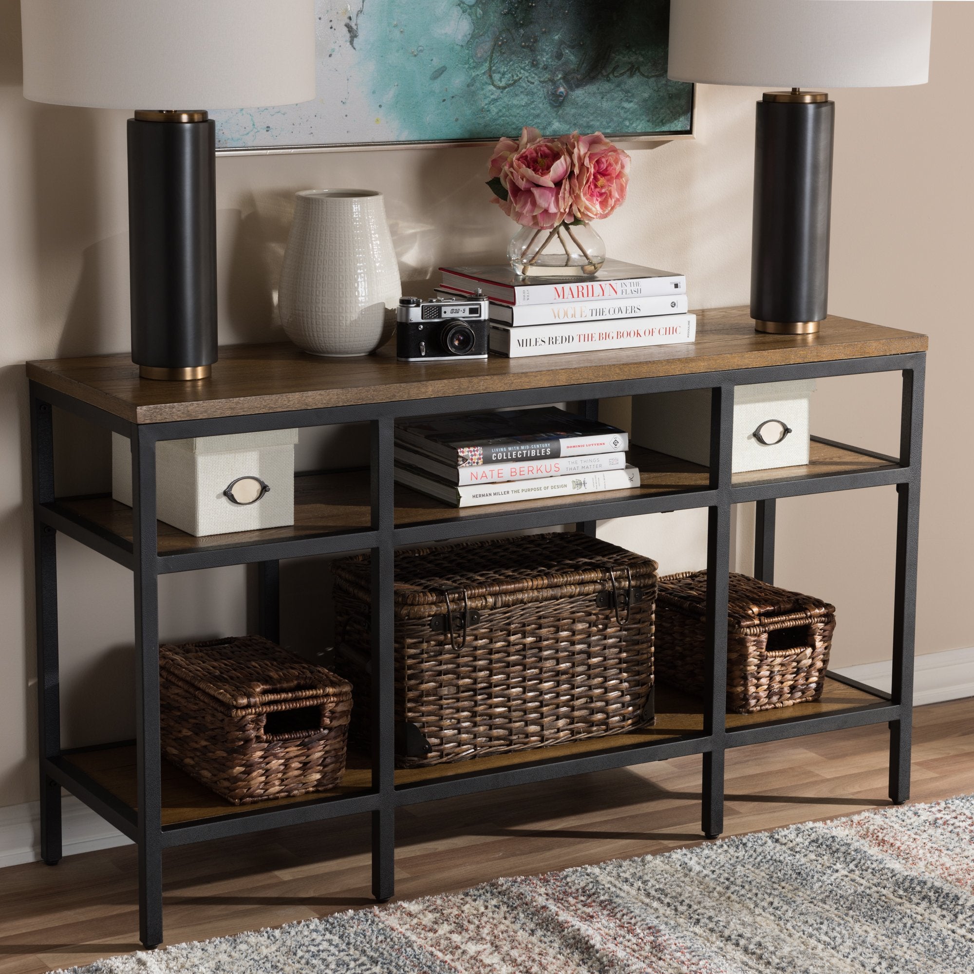 Baxton Studio Caribou Rustic Industrial Style Oak Brown Finished Wood and Black Finished Metal Console Table