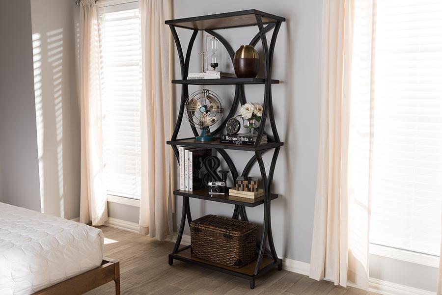 Baxton Studio Lancashire Rustic Industrial Style Oak Brown Finished Wood and Black Finished Metal Bookshelf