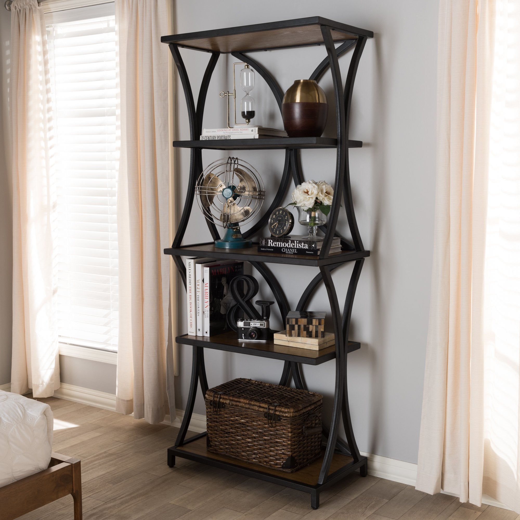 Baxton Studio Lancashire Rustic Industrial Style Oak Brown Finished Wood and Black Finished Metal Bookshelf