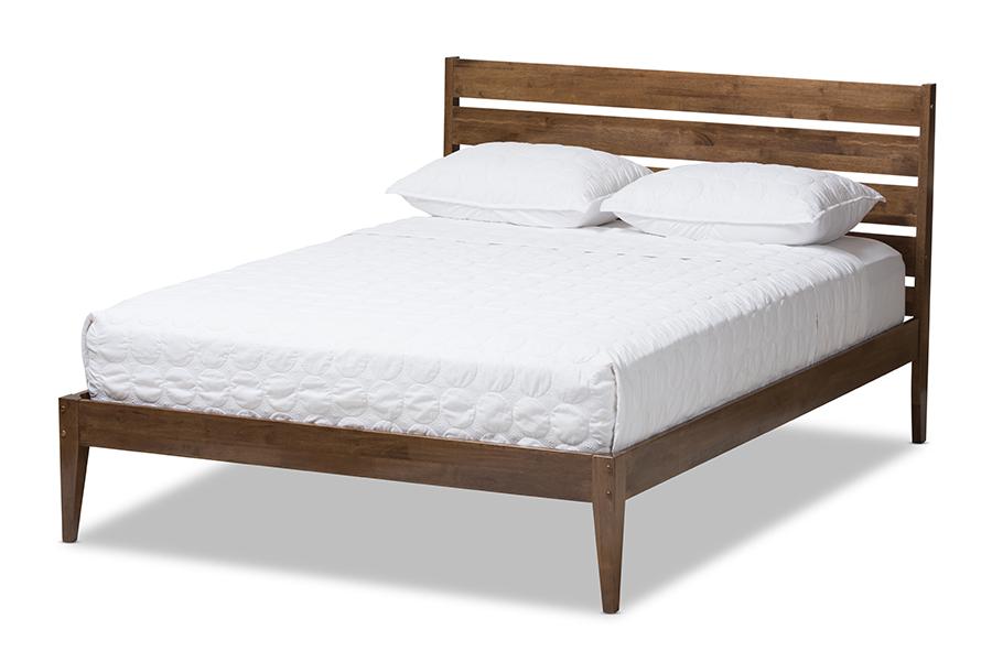 Baxton Studio Elmdon Mid-Century Modern Solid Walnut Wood Slatted Headboard Style Full Size Platform Bed