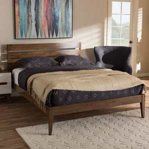 Baxton Studio Elmdon Mid-Century Modern Solid Walnut Wood Slatted Headboard Style Full Size Platform Bed