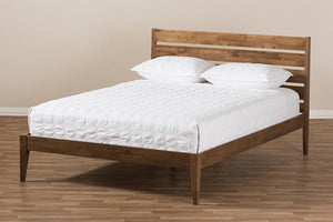 Baxton Studio Elmdon Mid-Century Modern Solid Walnut Wood Slatted Headboard Style Full Size Platform Bed