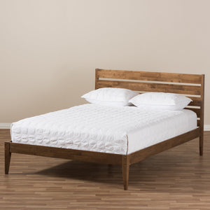 Baxton Studio Elmdon Mid-Century Modern Solid Walnut Wood Slatted Headboard Style Queen Size Platform Bed