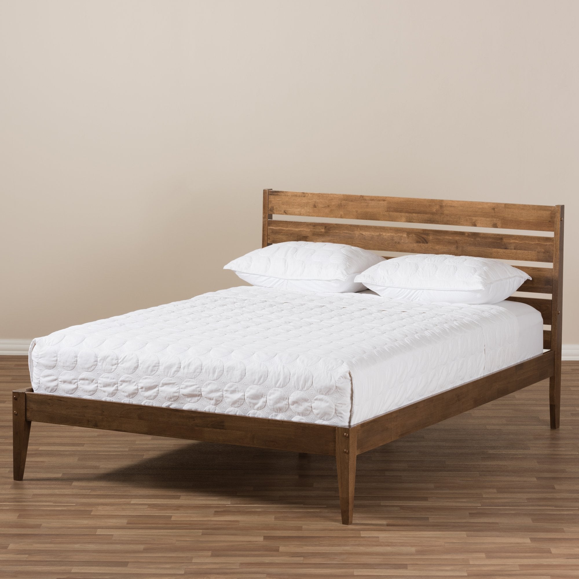 Baxton Studio Elmdon Mid-Century Modern Solid Walnut Wood Slatted Headboard Style Full Size Platform Bed