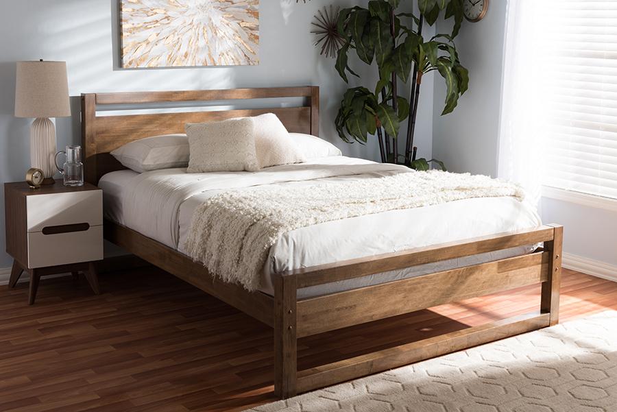 Baxton Studio Torino Mid-Century Modern Solid Walnut Wood Open Frame Style King Size Platform Bed