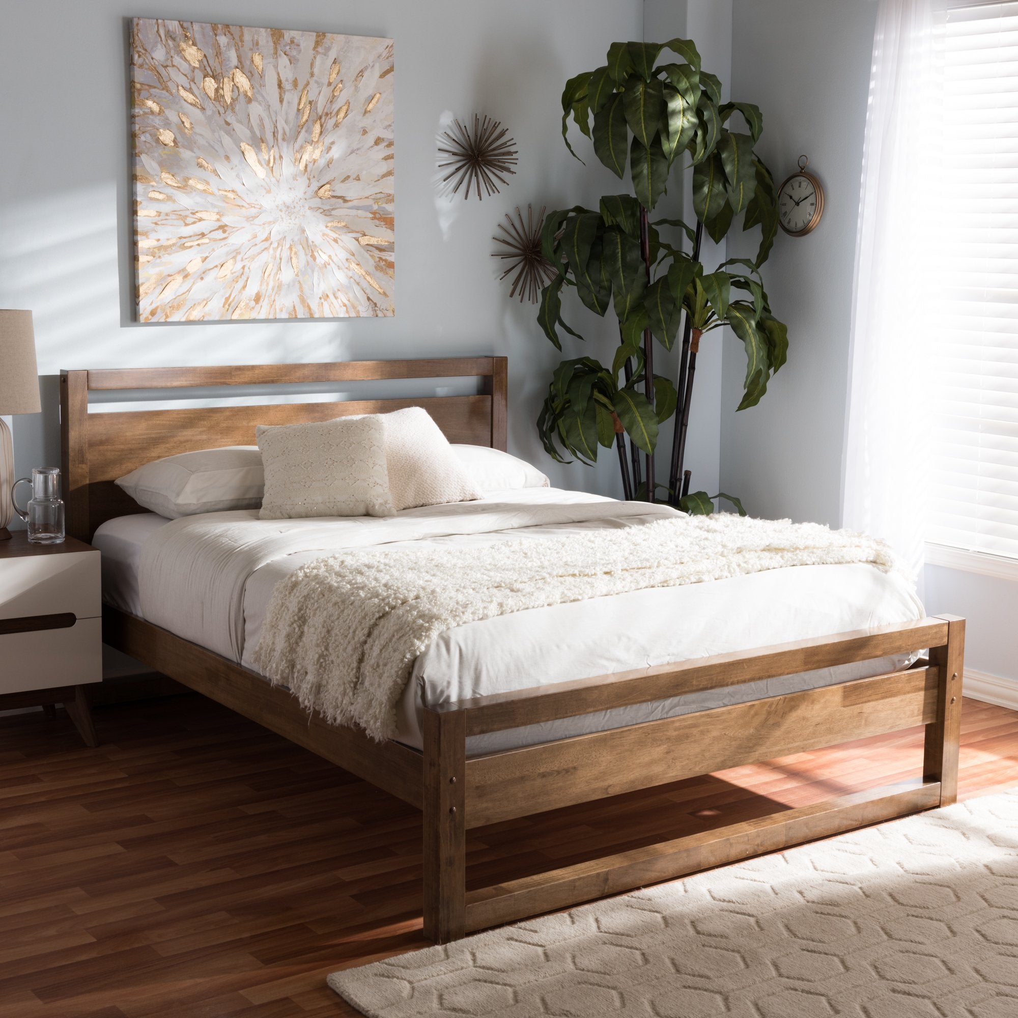 Baxton Studio Torino Mid-Century Modern Solid Walnut Wood Open Frame Style King Size Platform Bed