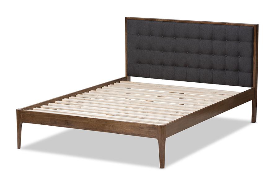 Baxton Studio Jupiter Mid-Century Modern Grey Fabric Upholstered Button-Tufted Full Size Platform Bed