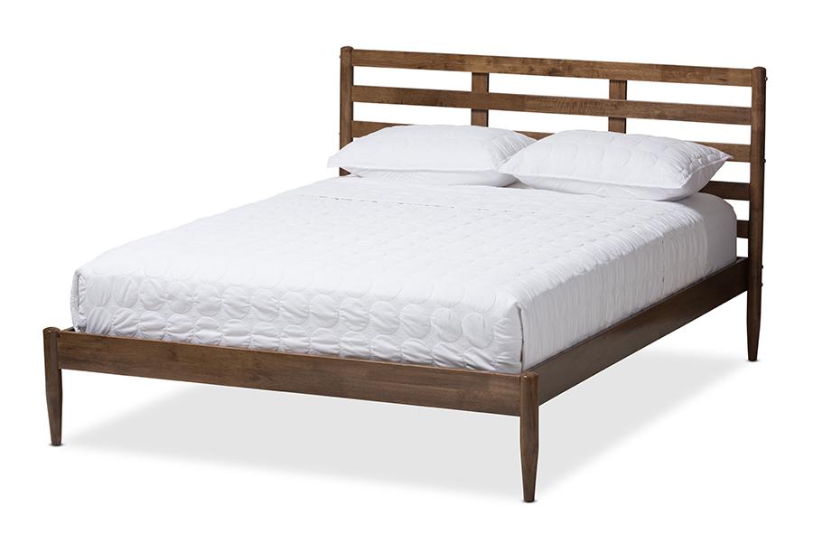 Baxton Studio Opal Mid-Century Modern Solid Walnut Wood Slatted Headboard Full Size Platform Bed