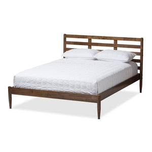 Baxton Studio Opal Mid-Century Modern Solid Walnut Wood Slatted Headboard King Size Platform Bed