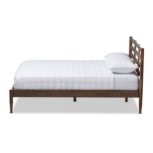 Baxton Studio Opal Mid-Century Modern Solid Walnut Wood Slatted Headboard King Size Platform Bed