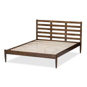 Baxton Studio Opal Mid-Century Modern Solid Walnut Wood Slatted Headboard Queen Size Platform Bed