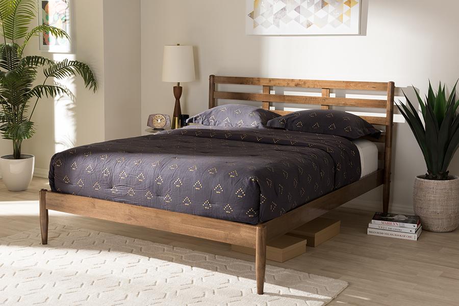 Baxton Studio Opal Mid-Century Modern Solid Walnut Wood Slatted Headboard Full Size Platform Bed