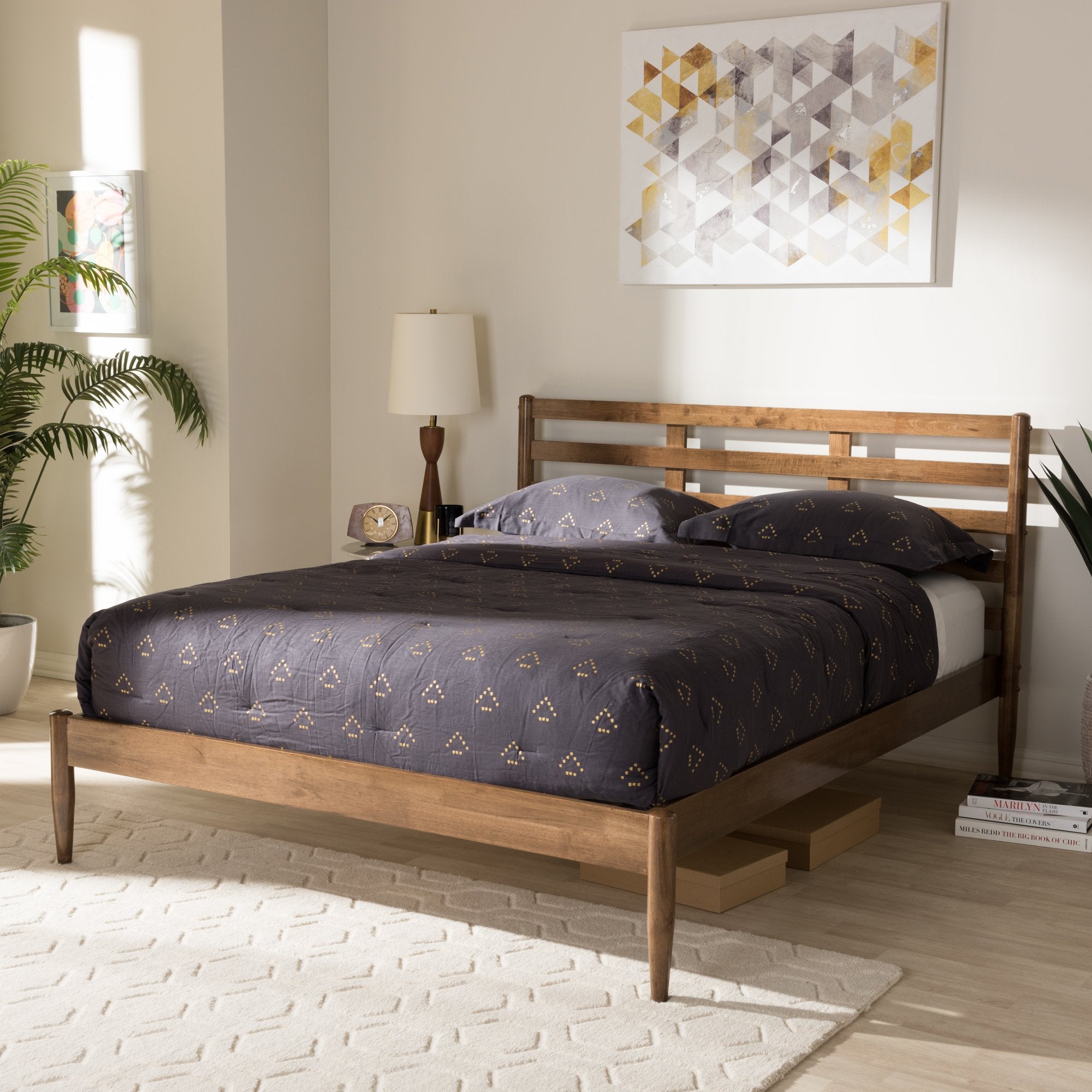 Baxton Studio Opal Mid-Century Modern Solid Walnut Wood Slatted Headboard King Size Platform Bed