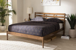 Baxton Studio Opal Mid-Century Modern Solid Walnut Wood Slatted Headboard King Size Platform Bed