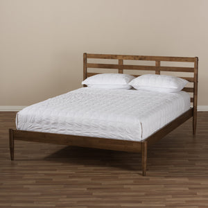 Baxton Studio Opal Mid-Century Modern Solid Walnut Wood Slatted Headboard King Size Platform Bed