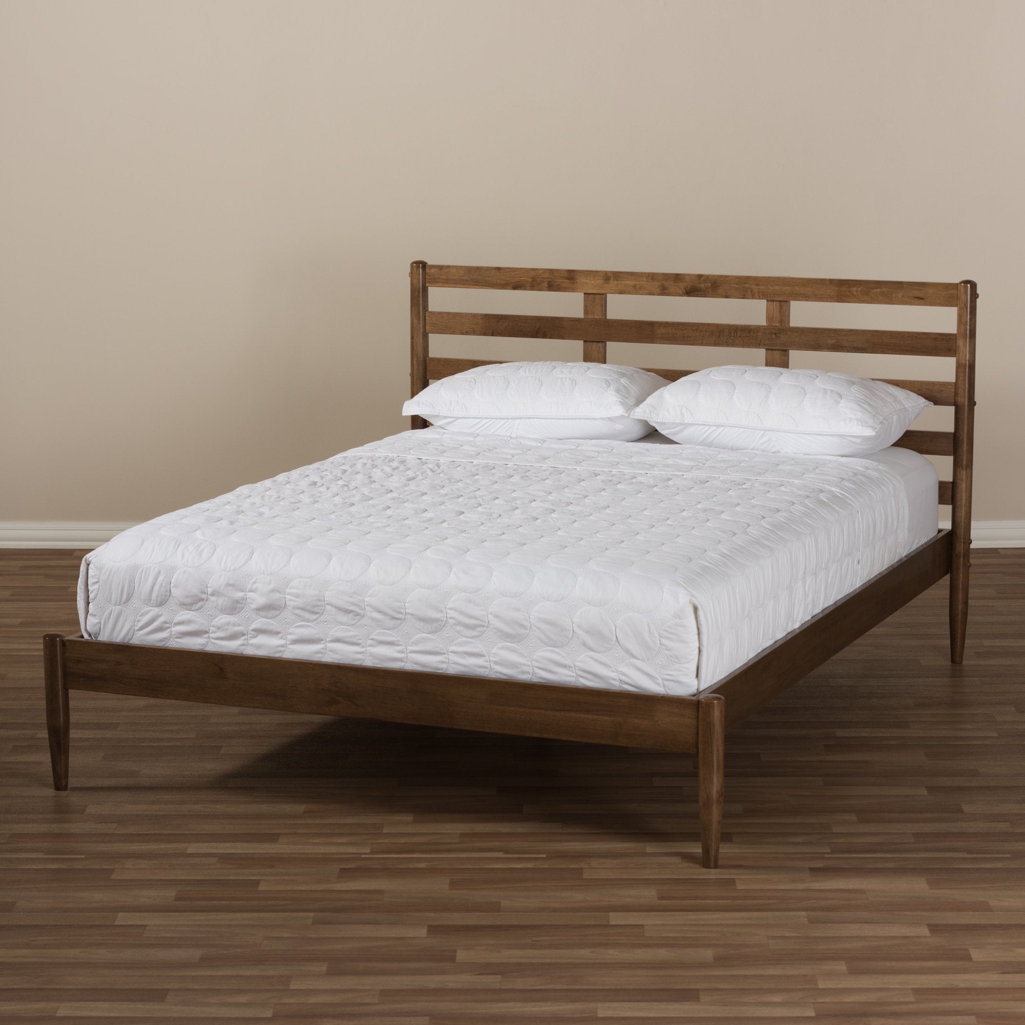 Baxton Studio Opal Mid-Century Modern Solid Walnut Wood Slatted Headboard Queen Size Platform Bed