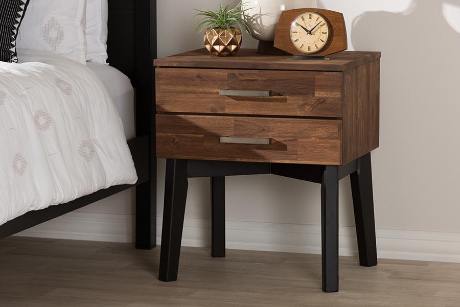 Baxton Studio Selena Mid-Century Modern Brown Wood 2-Drawer Nightstand