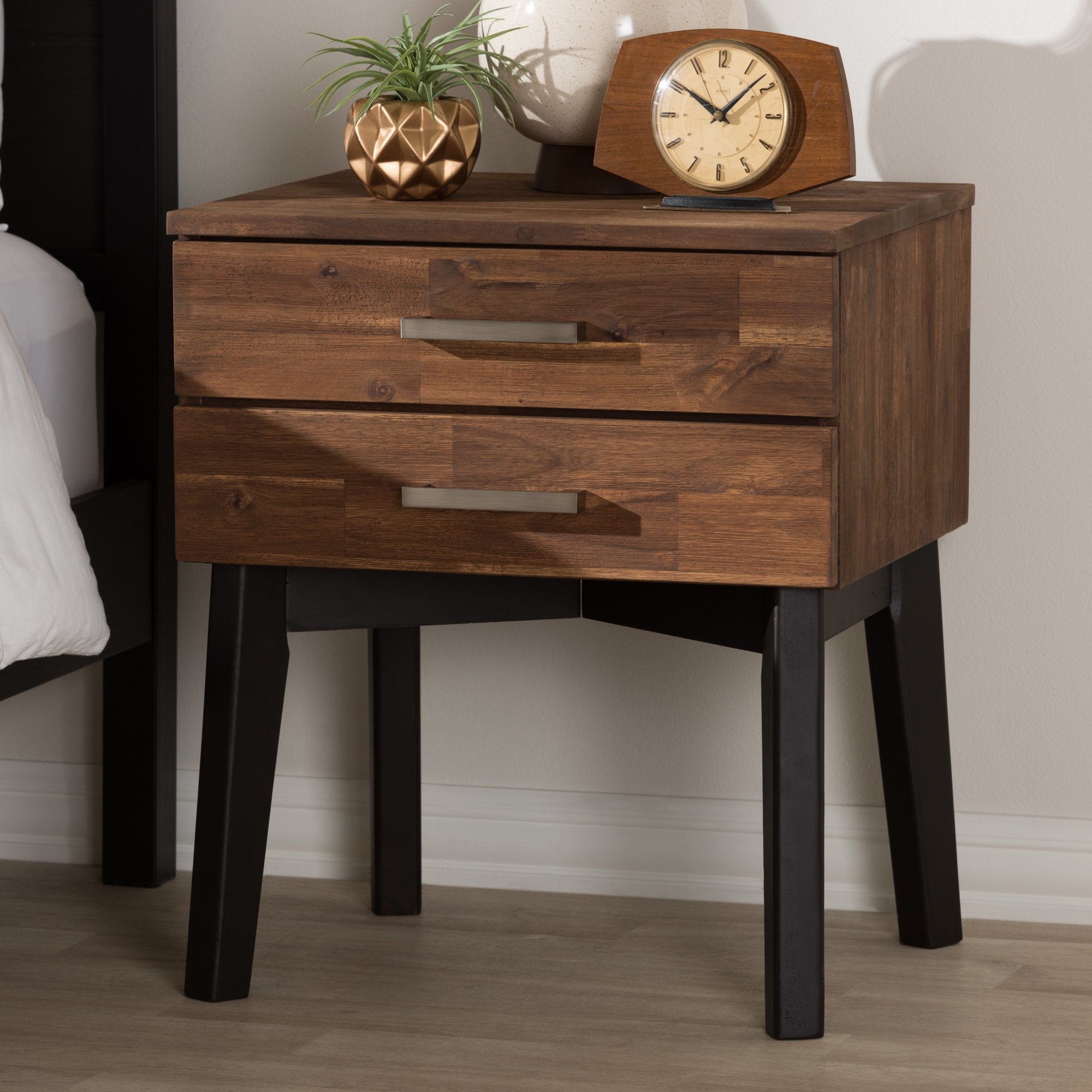 Baxton Studio Selena Mid-Century Modern Brown Wood 2-Drawer Nightstand