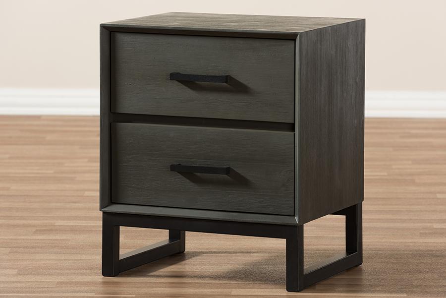 Baxton Studio Parris Rustic Grey Wood and Black Metal 2-Drawer Nightstand