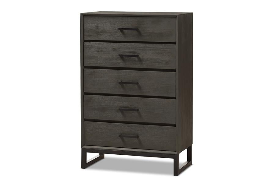 Baxton Studio Parris Rustic Grey Wood and Black Metal 5-Drawer Chest