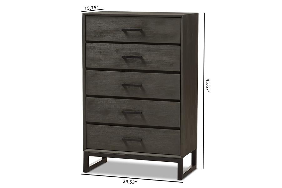 Baxton Studio Parris Rustic Grey Wood and Black Metal 5-Drawer Chest