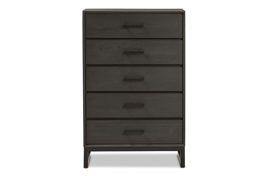 Baxton Studio Parris Rustic Grey Wood and Black Metal 5-Drawer Chest